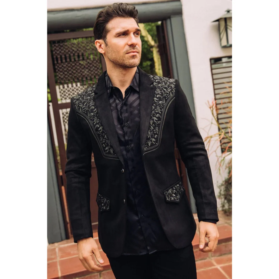 Platini Men’s Black Suede Blazer with Embroidered Detail - Image 2