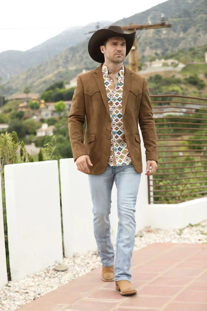 Platini Men’s Brown Faux Suede Double Button Blazer Jacket - Image 5