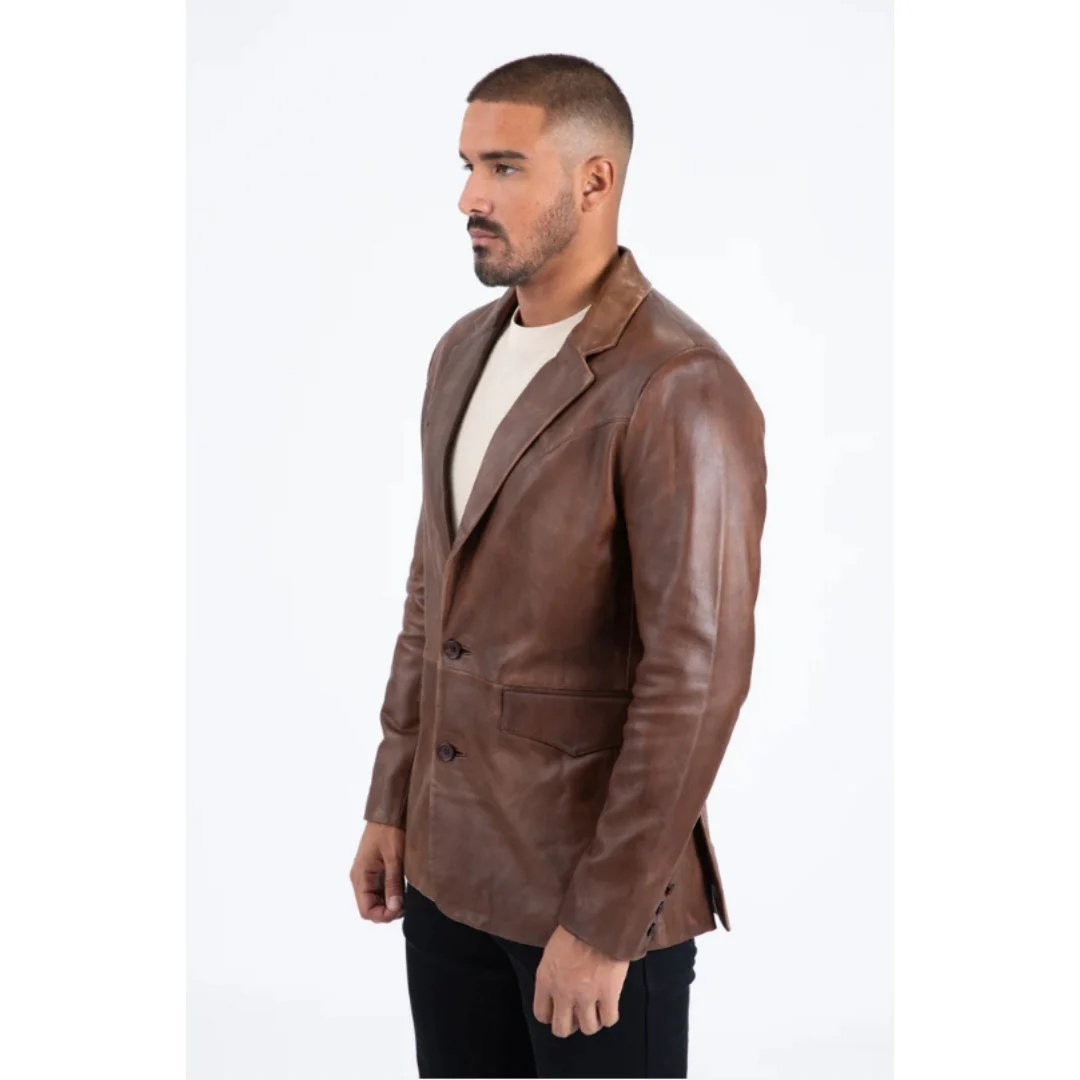 Platini Men’s Classic Brown Genuine Leather Blazer - Image 3