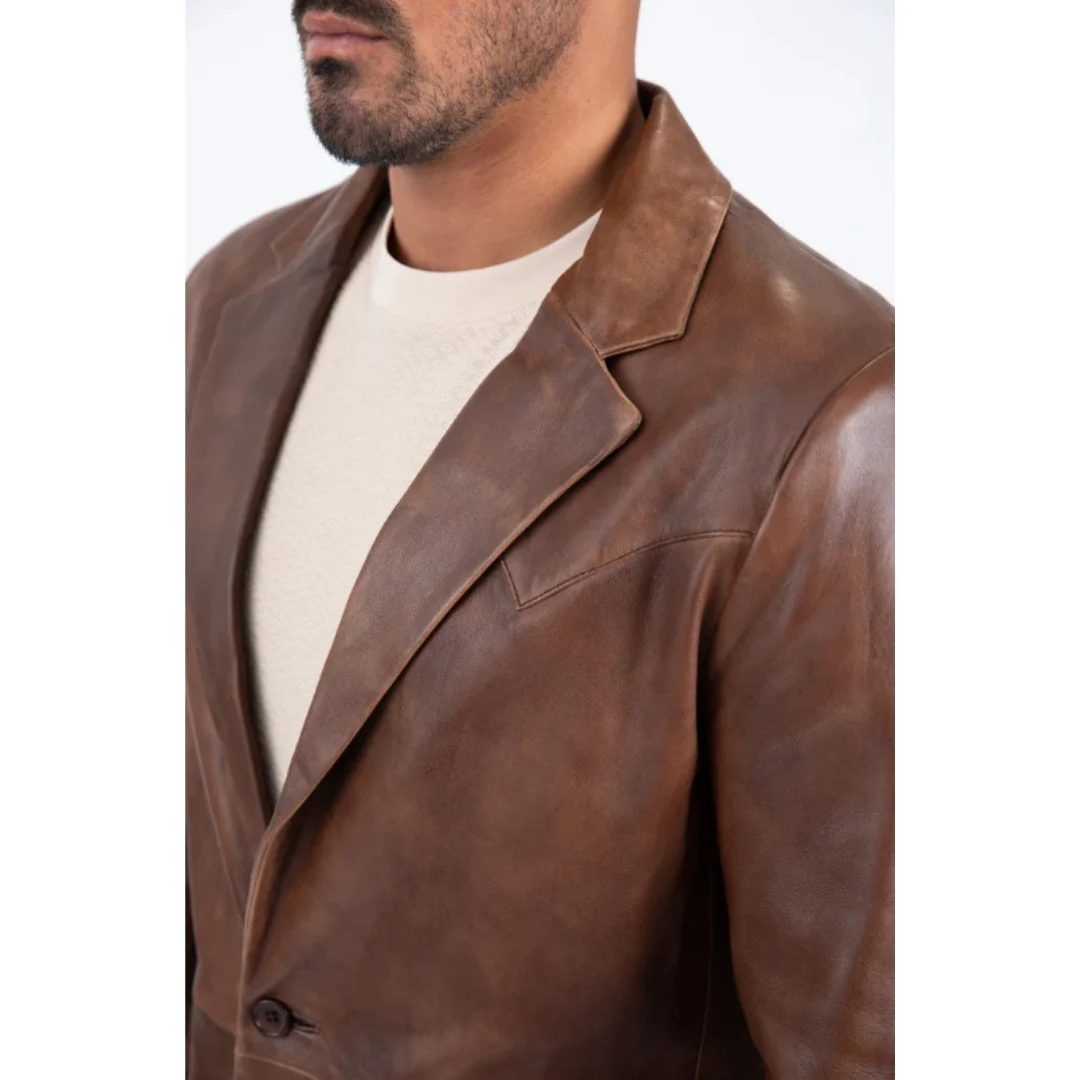 Platini Men’s Classic Brown Genuine Leather Blazer - Image 4