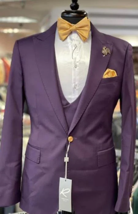 Plum Suit - Purple Suit With Gold Buttons With Double Breasted Vest - Rossiman Suits - Image 9