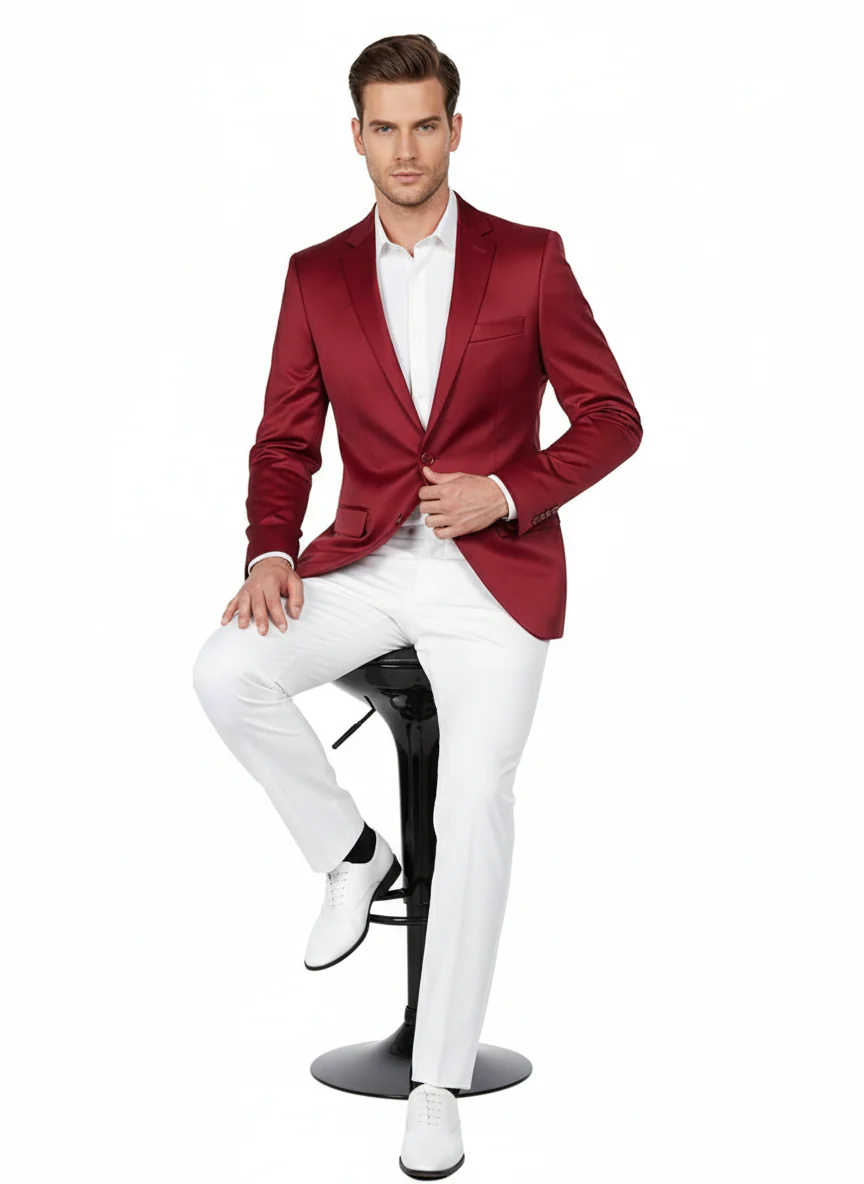 Premium Men's Burgundy  Satin Slim Fit Blazer – Elegant Party & Wedding Suit Jacket in Maroon Wine Color - Image 3