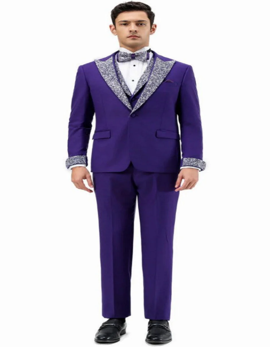 Purple and Silver Prom Tuxedo - Perfect Wedding Suit Vested rhinestone sequin Lapelled - Image 3