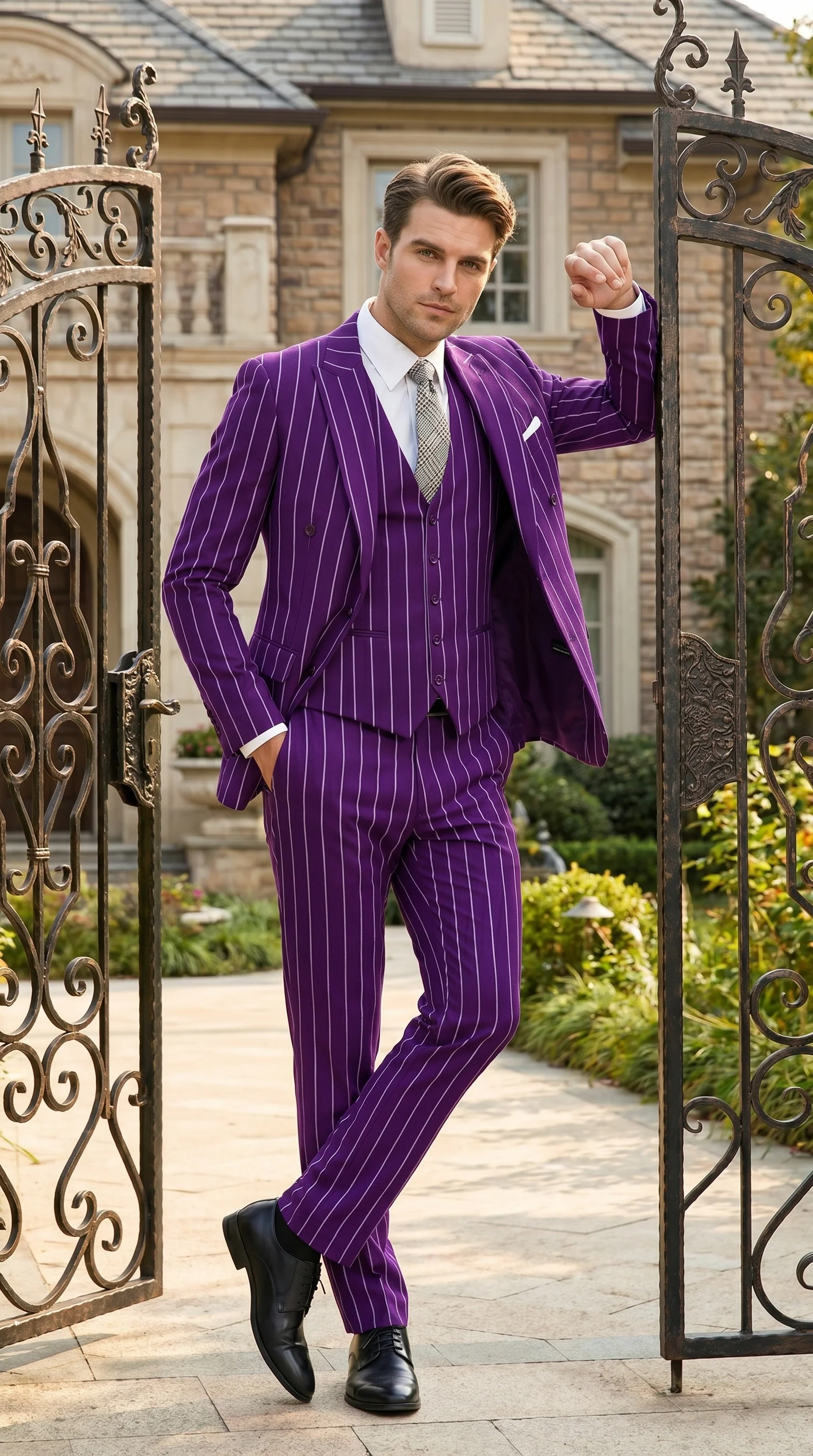 Men’s Purple Pinstripe 1920s Gangster Suit with Jacket, Vest and Pants, Vintage Formal Dress Suit - Image 8