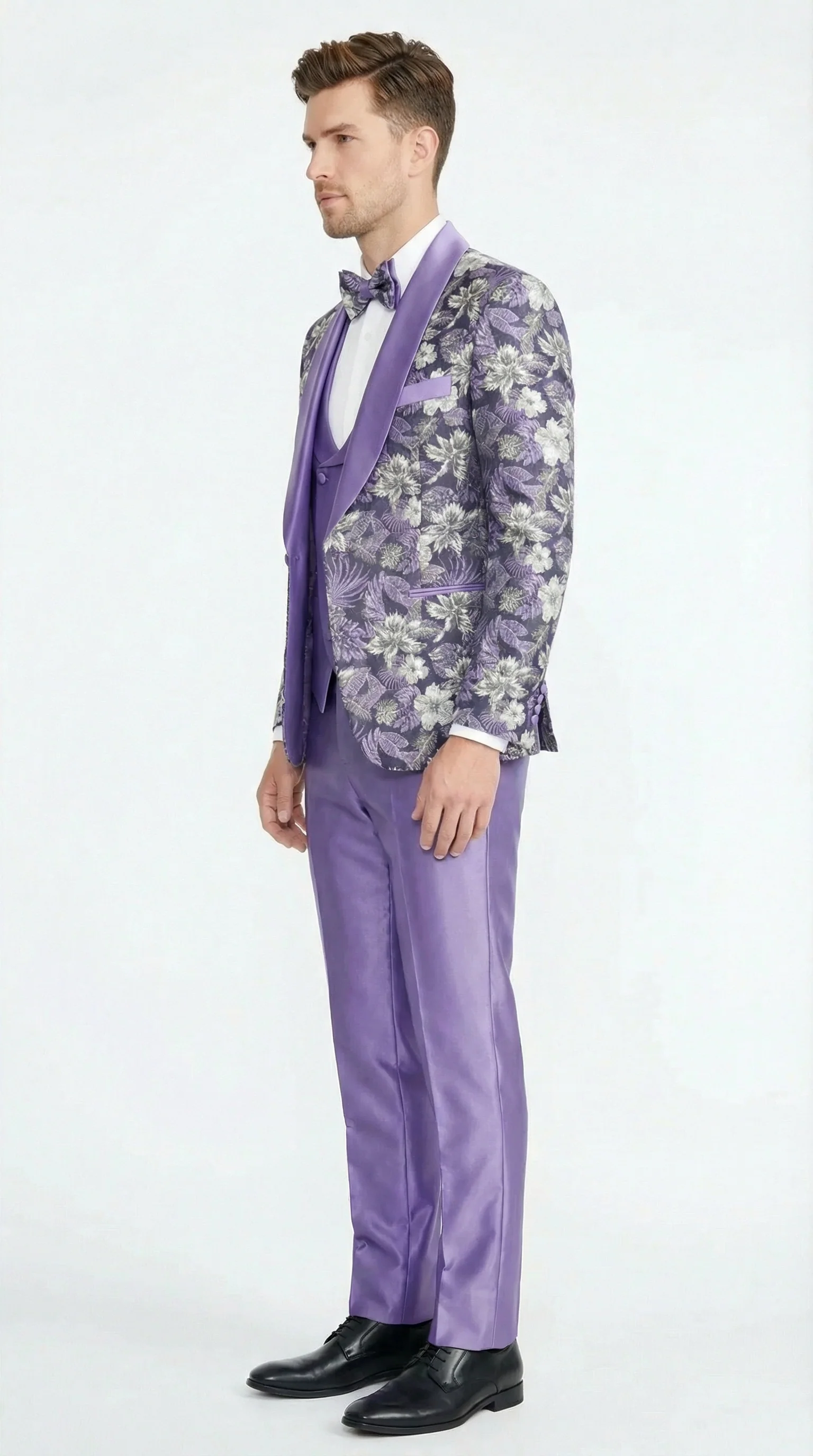 Men’s Purple Floral Prom Suit with Shawl Lapel – Luxury Formal Tuxedo Outfit for Prom, Wedding and Special Events - Image 3