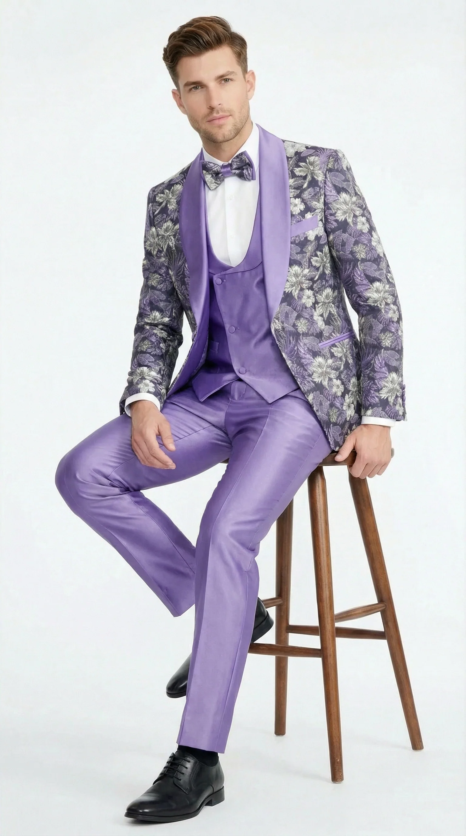 Men’s Purple Floral Prom Suit with Shawl Lapel – Luxury Formal Tuxedo Outfit for Prom, Wedding and Special Events - Image 4