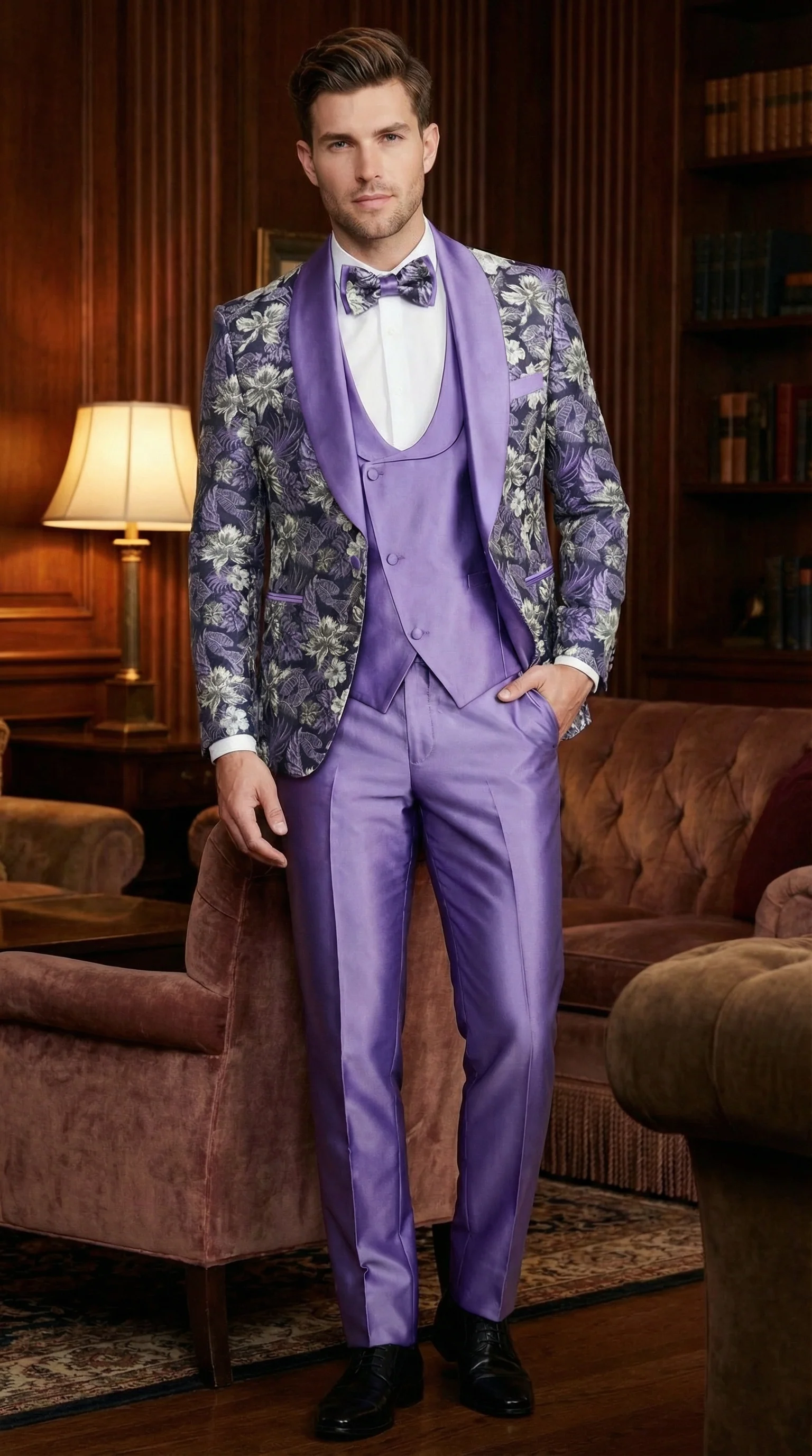 Men’s Purple Floral Prom Suit with Shawl Lapel – Luxury Formal Tuxedo Outfit for Prom, Wedding and Special Events - Image 6