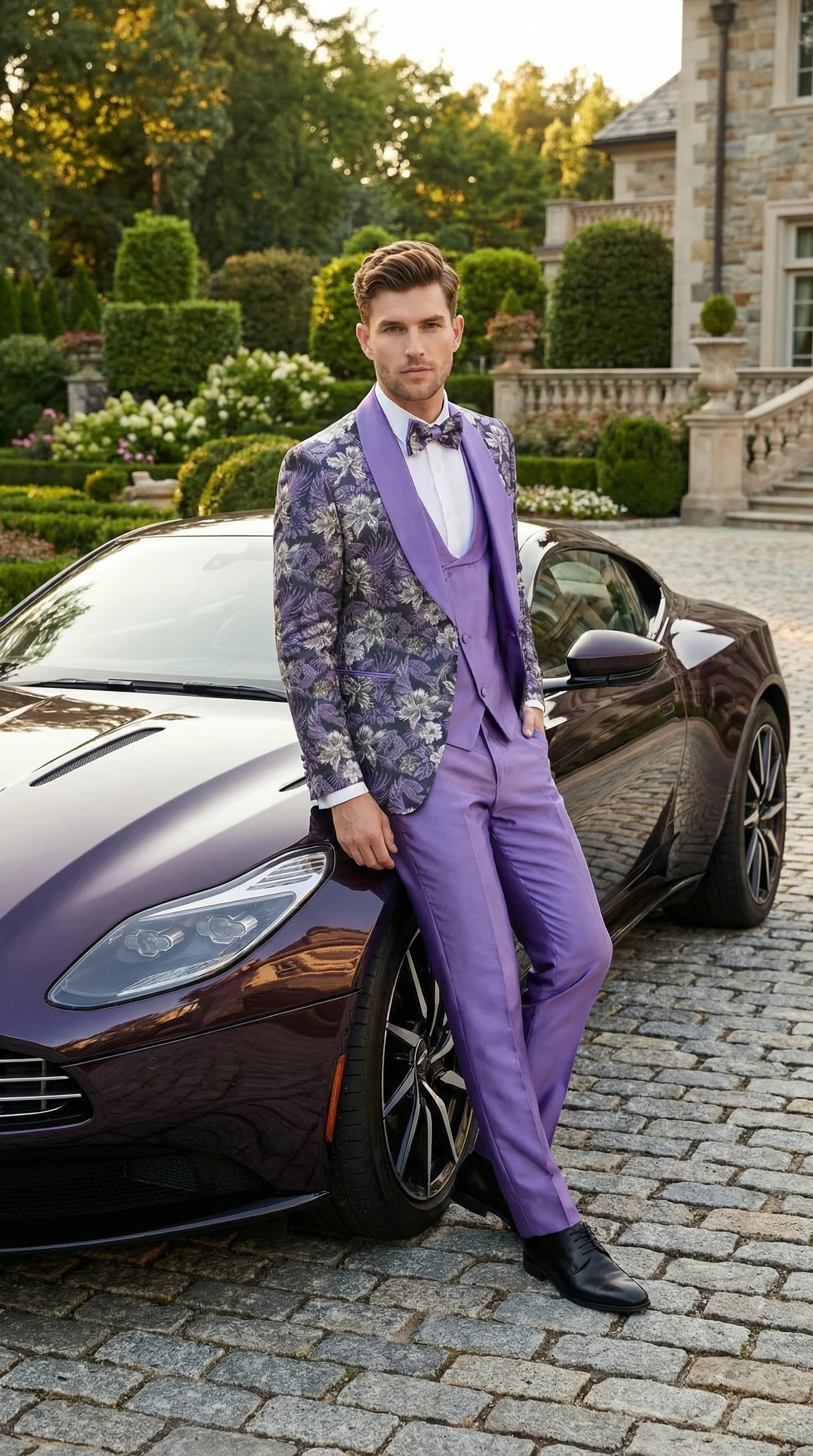 Men’s Purple Floral Prom Suit with Shawl Lapel – Luxury Formal Tuxedo Outfit for Prom, Wedding and Special Events - Image 7