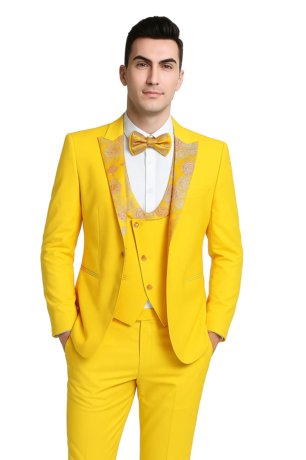 Radiant Golden Bloom Mens 3-Piece Suits with Floral Peak Lapel - Image 4