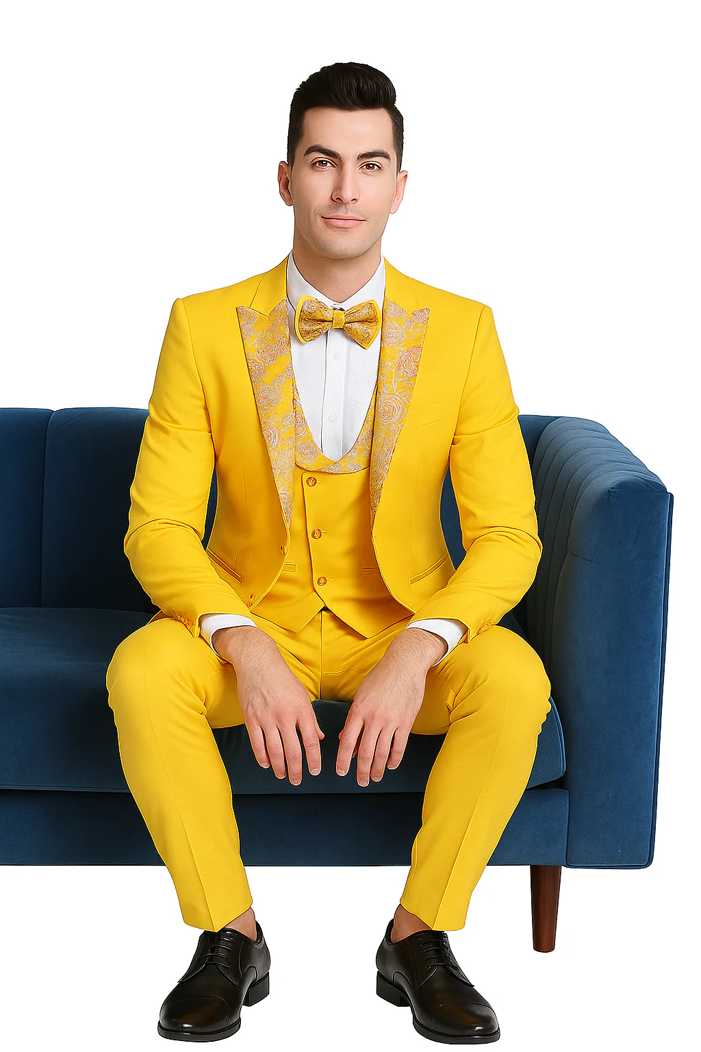 Radiant Golden Bloom Mens 3-Piece Suits with Floral Peak Lapel - Image 5