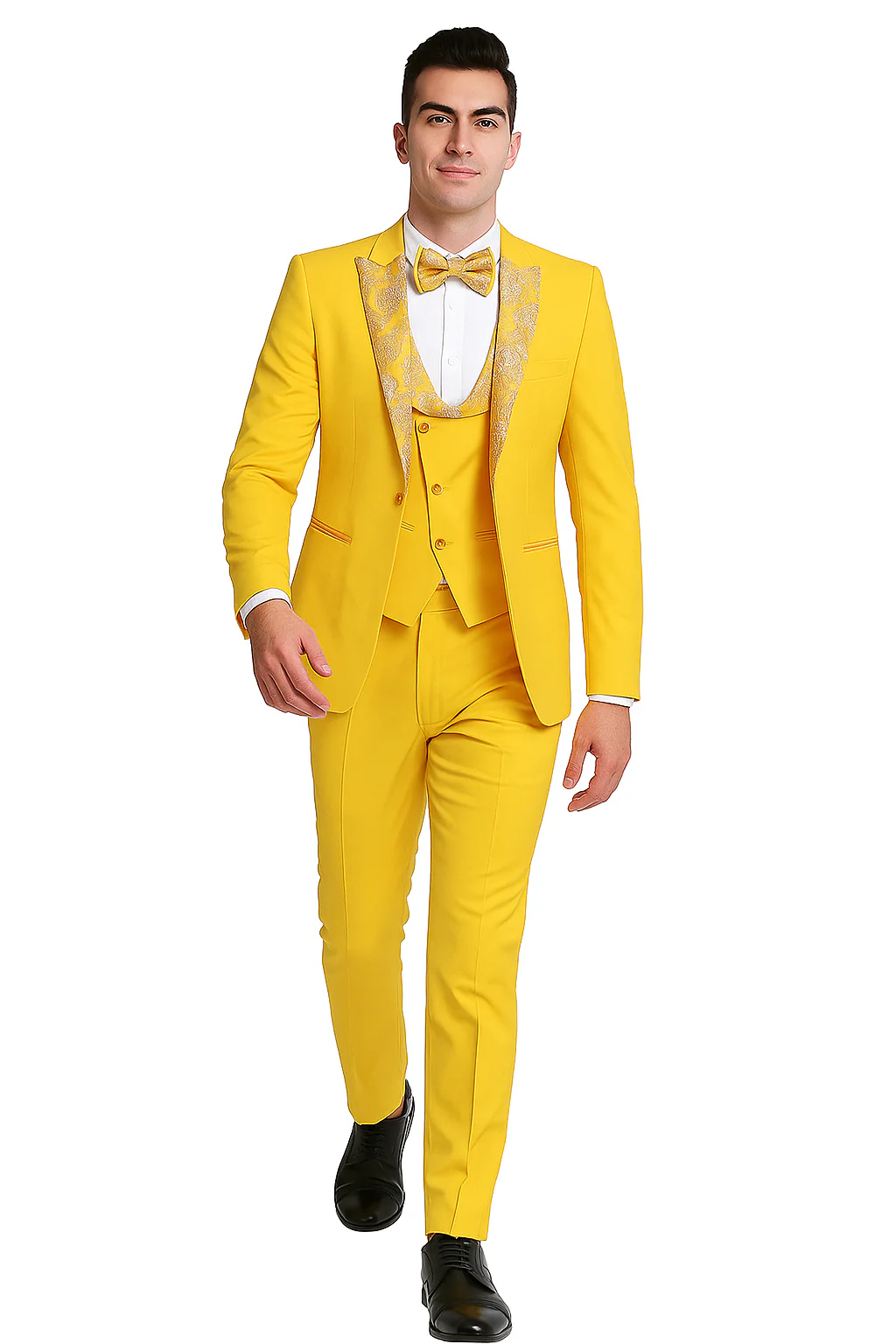Radiant Golden Bloom Mens 3-Piece Suits with Floral Peak Lapel - Image 6