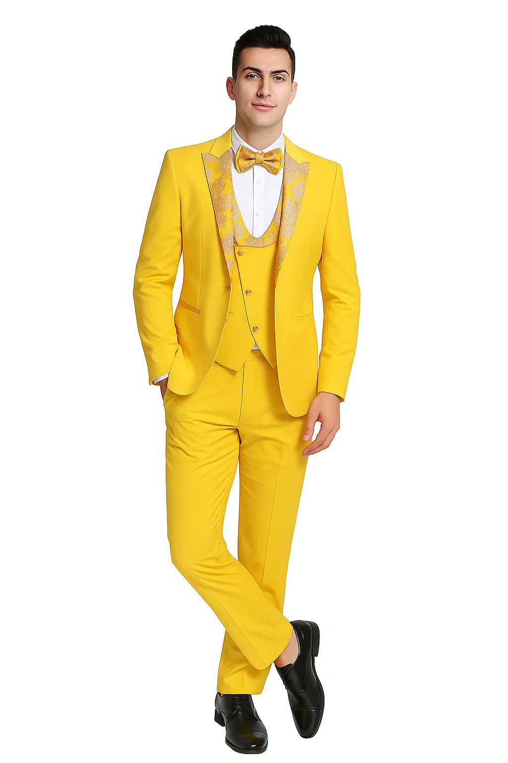 Radiant Golden Bloom Mens 3-Piece Suits with Floral Peak Lapel - Image 8
