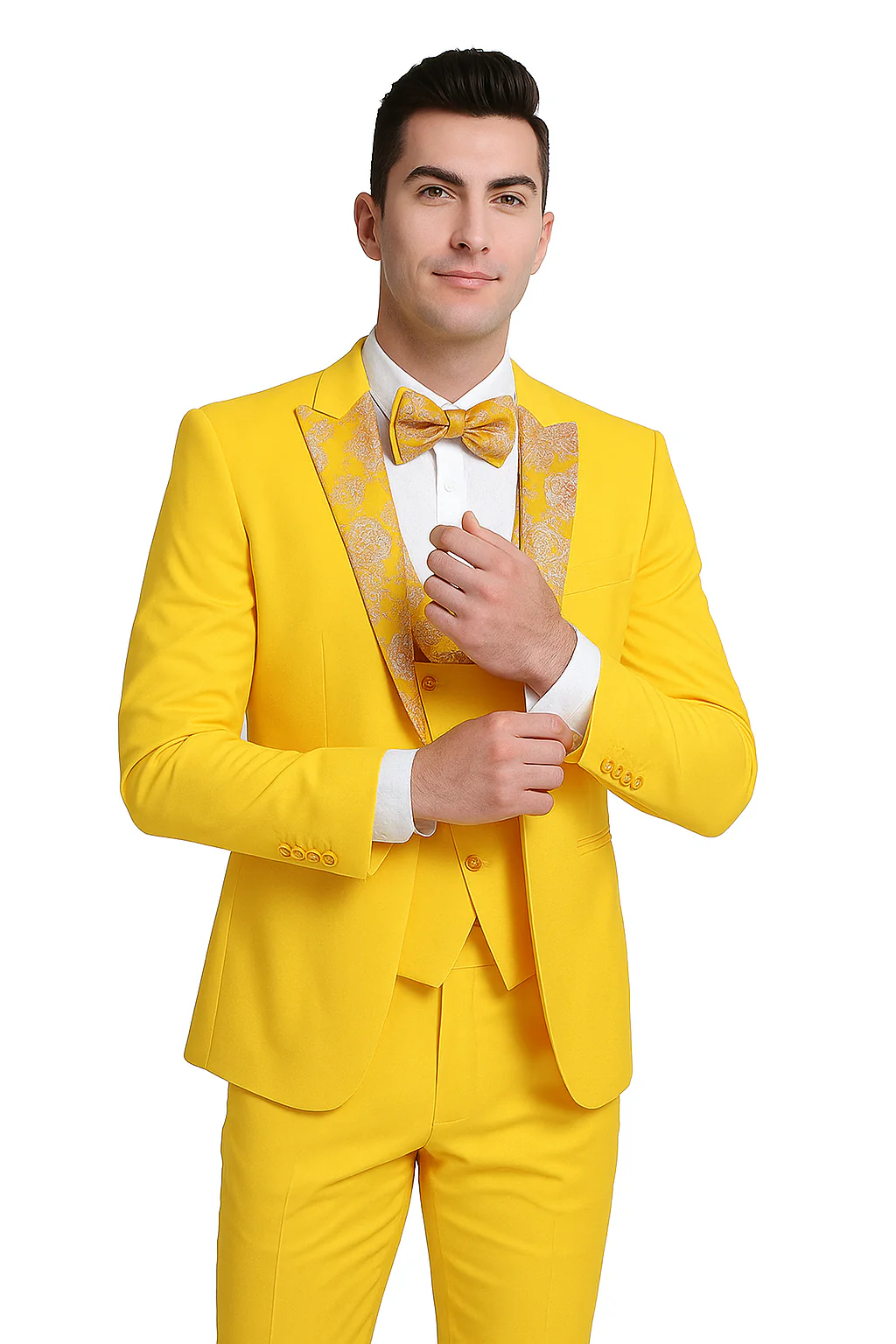 Radiant Golden Bloom Mens 3-Piece Suits with Floral Peak Lapel - Image 9
