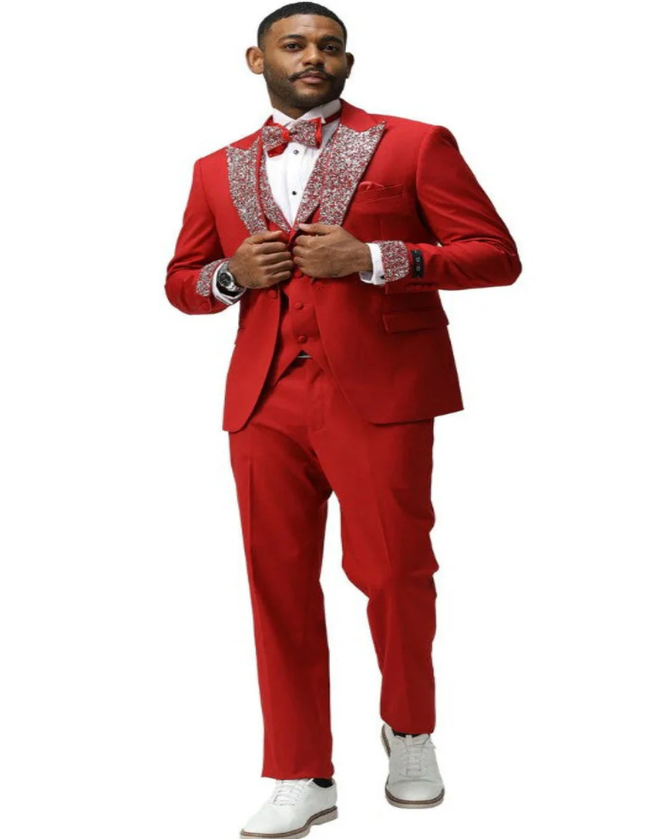 Red and Silver Prom Tuxedo - Perfect Wedding Suit Vested rhinestone sequin Lapelled - Image 3