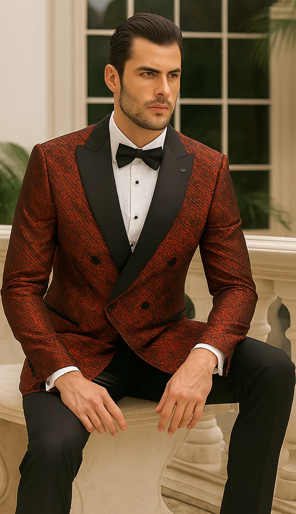 Red Double Breasted Rough Streak Pattern Satin Peak Lapel Stacy Adams Men's Jacket - Image 11