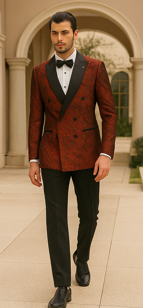 Red Double Breasted Rough Streak Pattern Satin Peak Lapel Stacy Adams Men's Jacket - Image 12