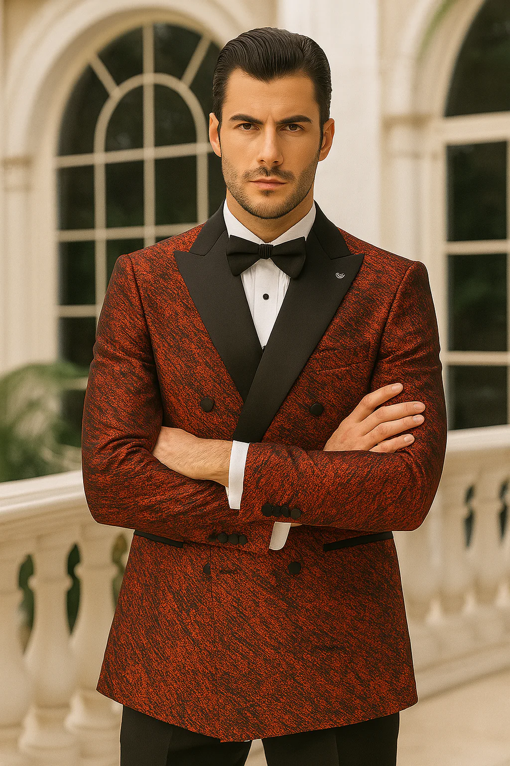 Red Double Breasted Rough Streak Pattern Satin Peak Lapel Stacy Adams Men's Jacket - Image 13