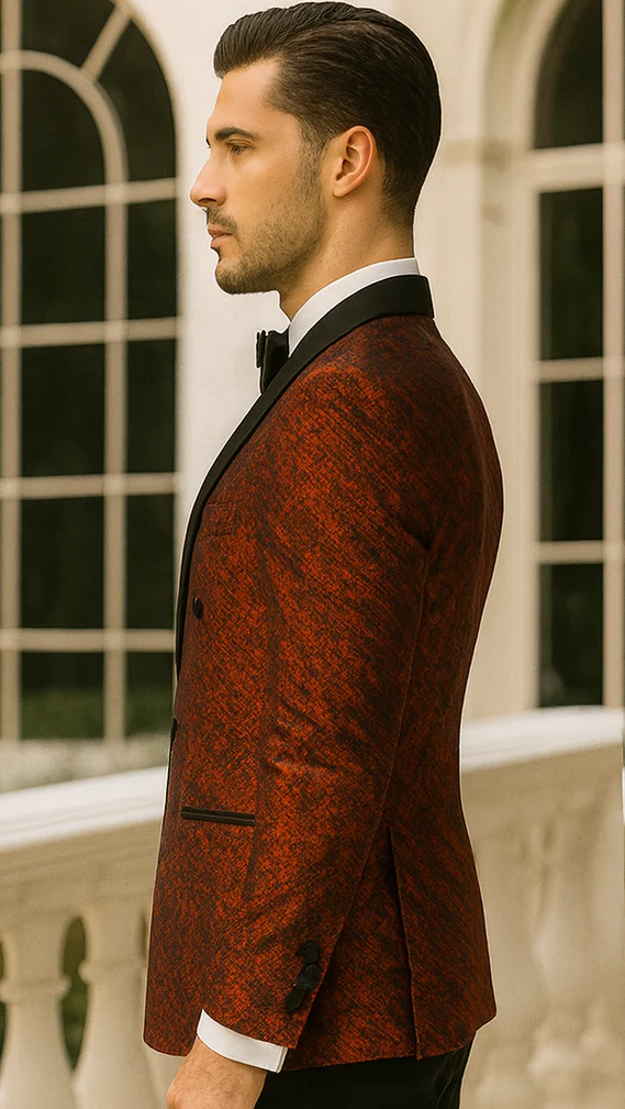 Red Double Breasted Rough Streak Pattern Satin Peak Lapel Stacy Adams Men's Jacket - Image 14