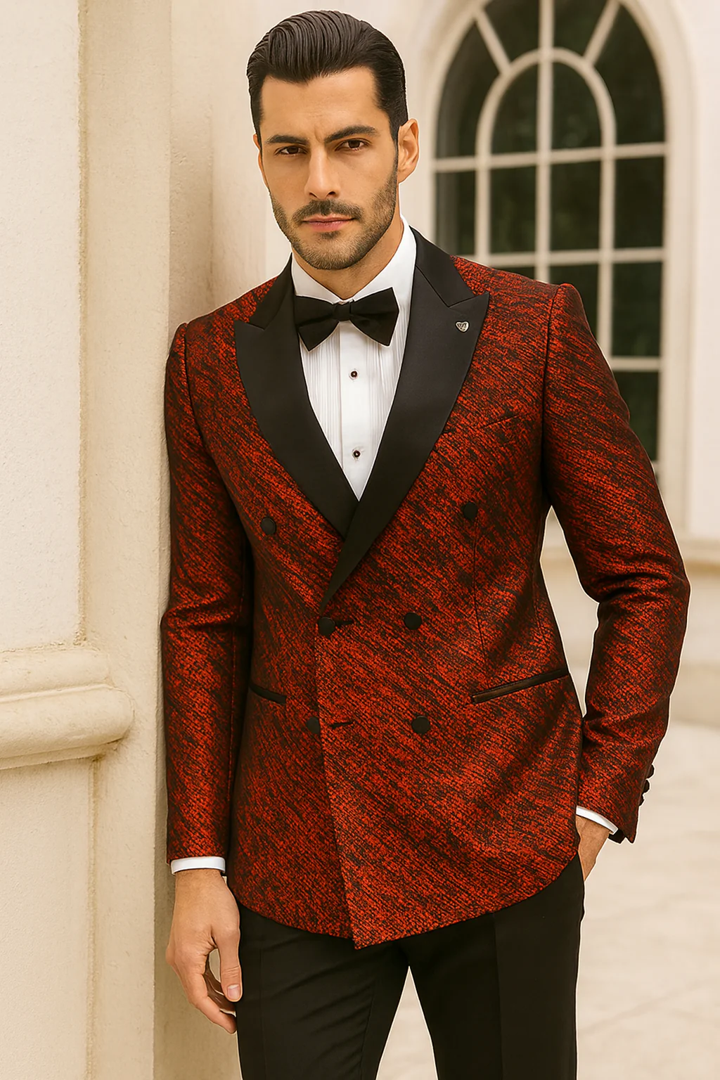 Red Double Breasted Rough Streak Pattern Satin Peak Lapel Stacy Adams Men's Jacket - Image 16