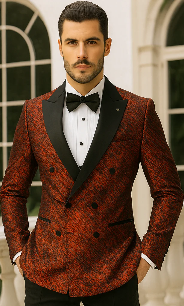 Red Double Breasted Rough Streak Pattern Satin Peak Lapel Stacy Adams Men's Jacket - Image 6