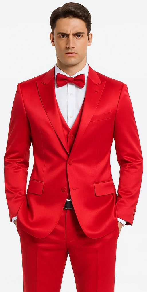Red Satin texture double breasted vest peak lapel 3 piece skinny fit Tazzio mens suit with matching bowtie - Image 2