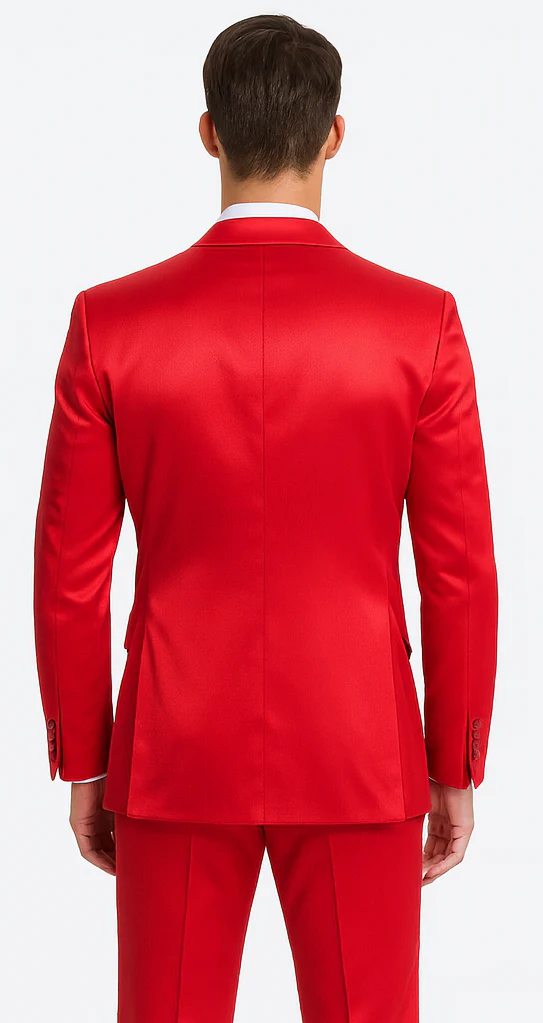 Red Satin texture double breasted vest peak lapel 3 piece skinny fit Tazzio mens suit with matching bowtie - Image 3