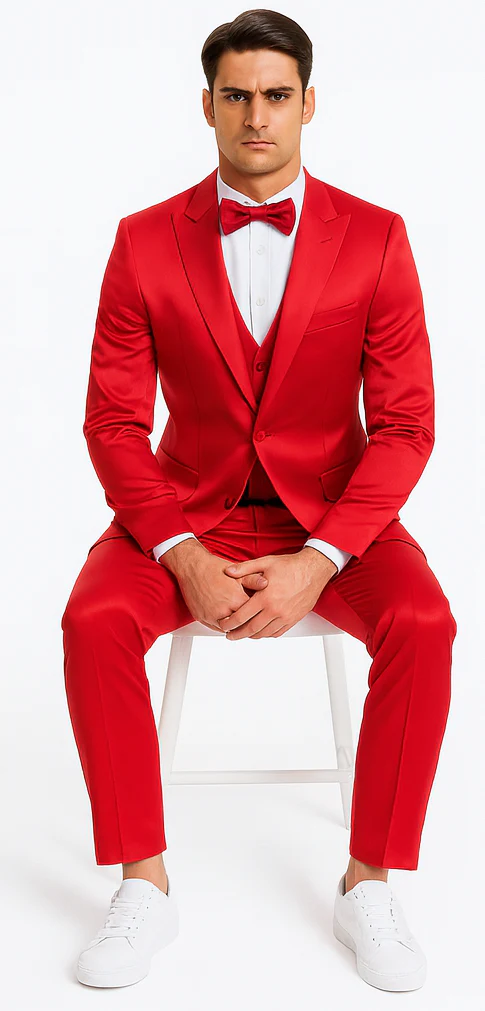 Red Satin texture double breasted vest peak lapel 3 piece skinny fit Tazzio mens suit with matching bowtie - Image 4