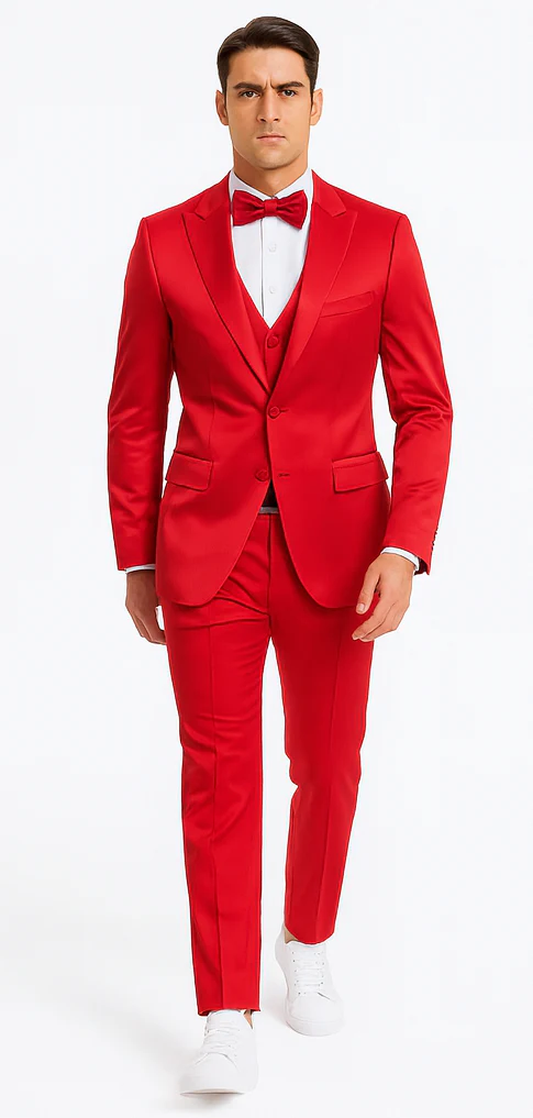 Red Satin texture double breasted vest peak lapel 3 piece skinny fit Tazzio mens suit with matching bowtie - Image 5