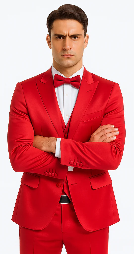 Red Satin texture double breasted vest peak lapel 3 piece skinny fit Tazzio mens suit with matching bowtie - Image 6