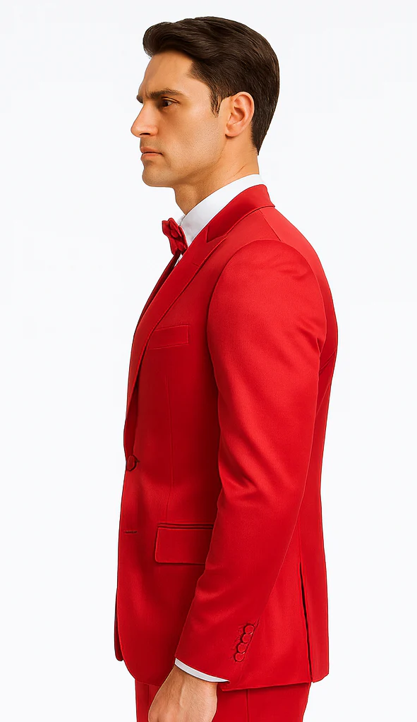 Red Satin texture double breasted vest peak lapel 3 piece skinny fit Tazzio mens suit with matching bowtie - Image 7