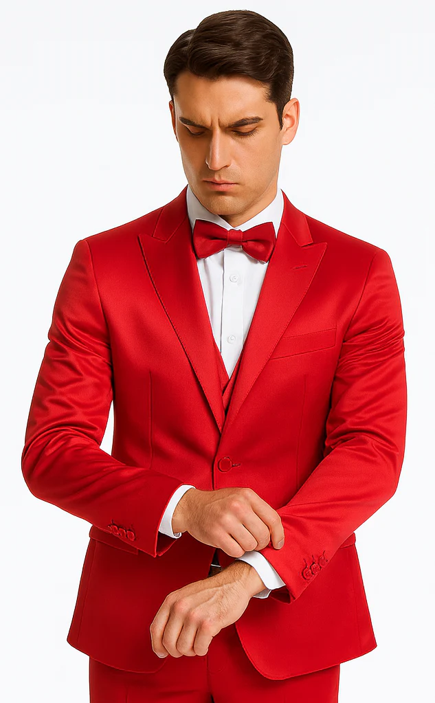 Red Satin texture double breasted vest peak lapel 3 piece skinny fit Tazzio mens suit with matching bowtie - Image 8