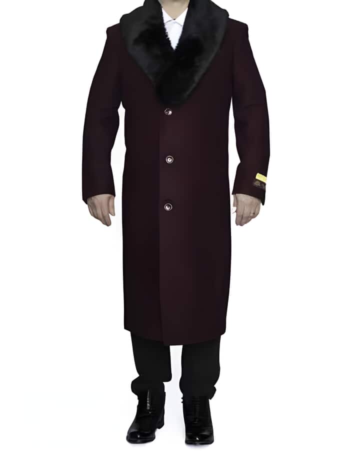 Removable Fur Collar Full Length Wool Dress Ankle length Top Coat/Overcoat Burgundy - Image 4