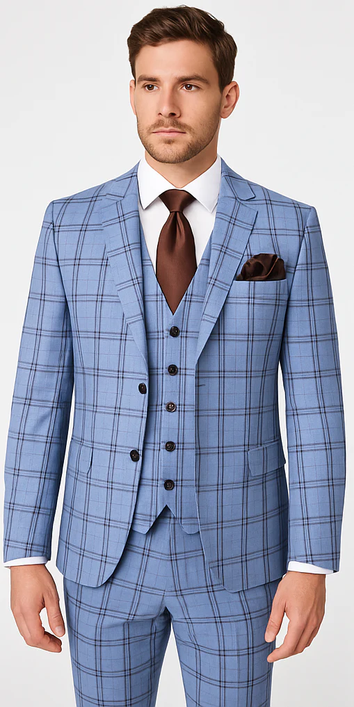 Rossi Man MAX RM1822 Slim Fit 3-Piece Suit – Premium Light Blue & Brown Plaid Formal Suit for Men - Image 5