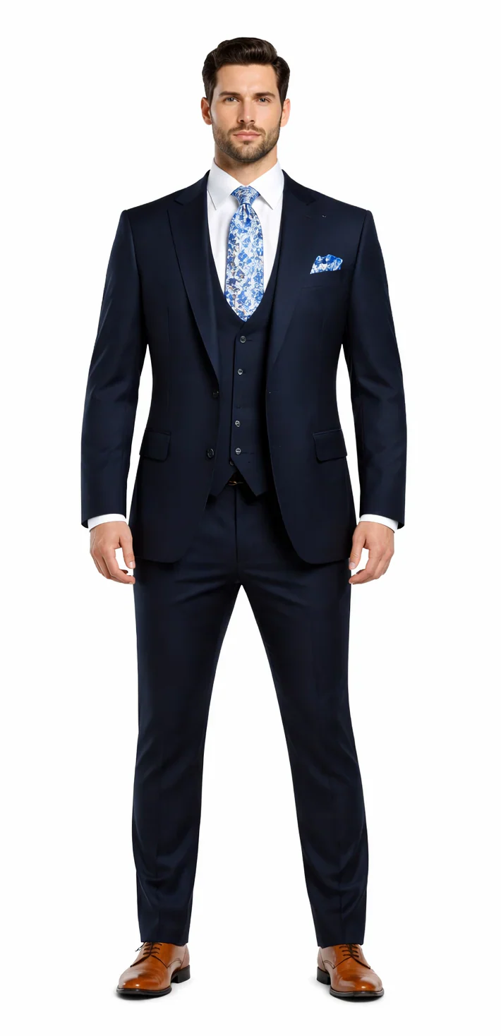 Rossiman Blue Men's Slim-Fit Vested Suit Flat Front Pants