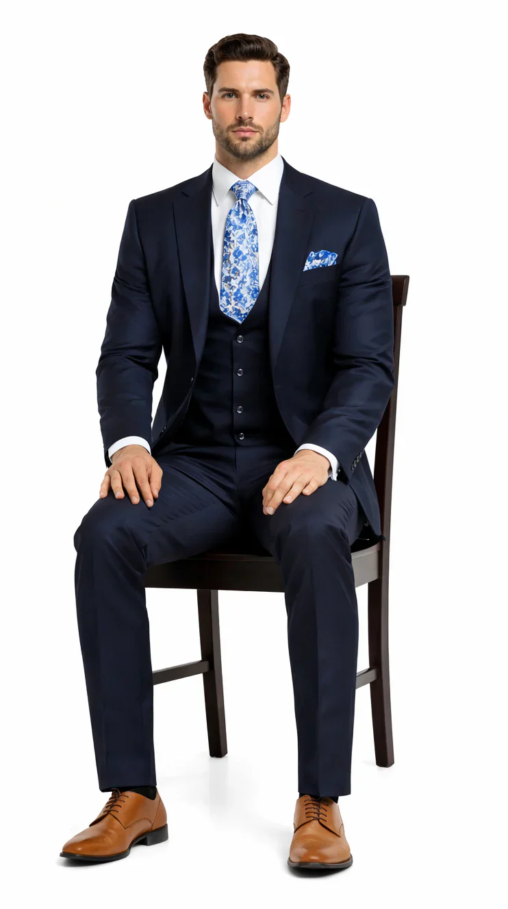Rossiman Blue Men's Slim-Fit Vested Suit Flat Front Pants - Image 4
