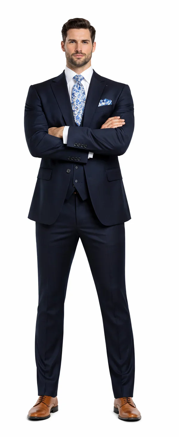 Rossiman Blue Men's Slim-Fit Vested Suit Flat Front Pants - Image 5