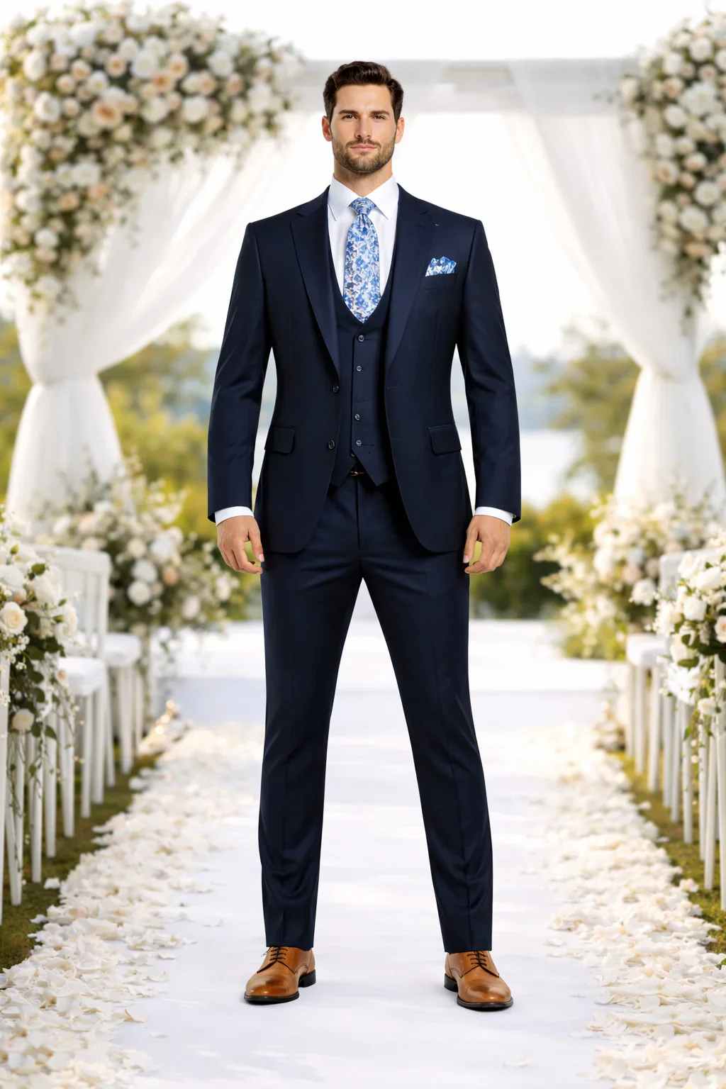 Rossiman Blue Men's Slim-Fit Vested Suit Flat Front Pants - Image 7