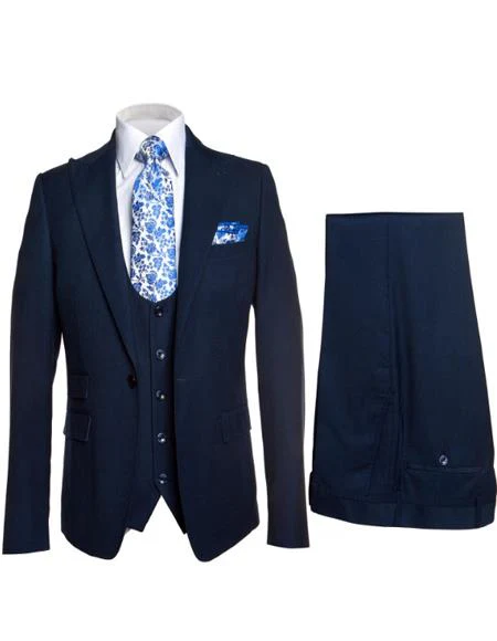 Rossiman Blue Men's Slim-Fit Vested Suit Flat Front Pants - Image 9