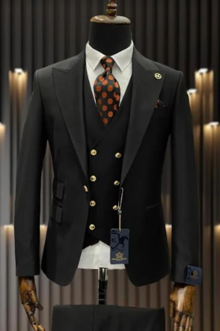 Rossiman Brand Black Suits - 1 Button Suit Peak Lapel Double Breasted Vest - Image 9