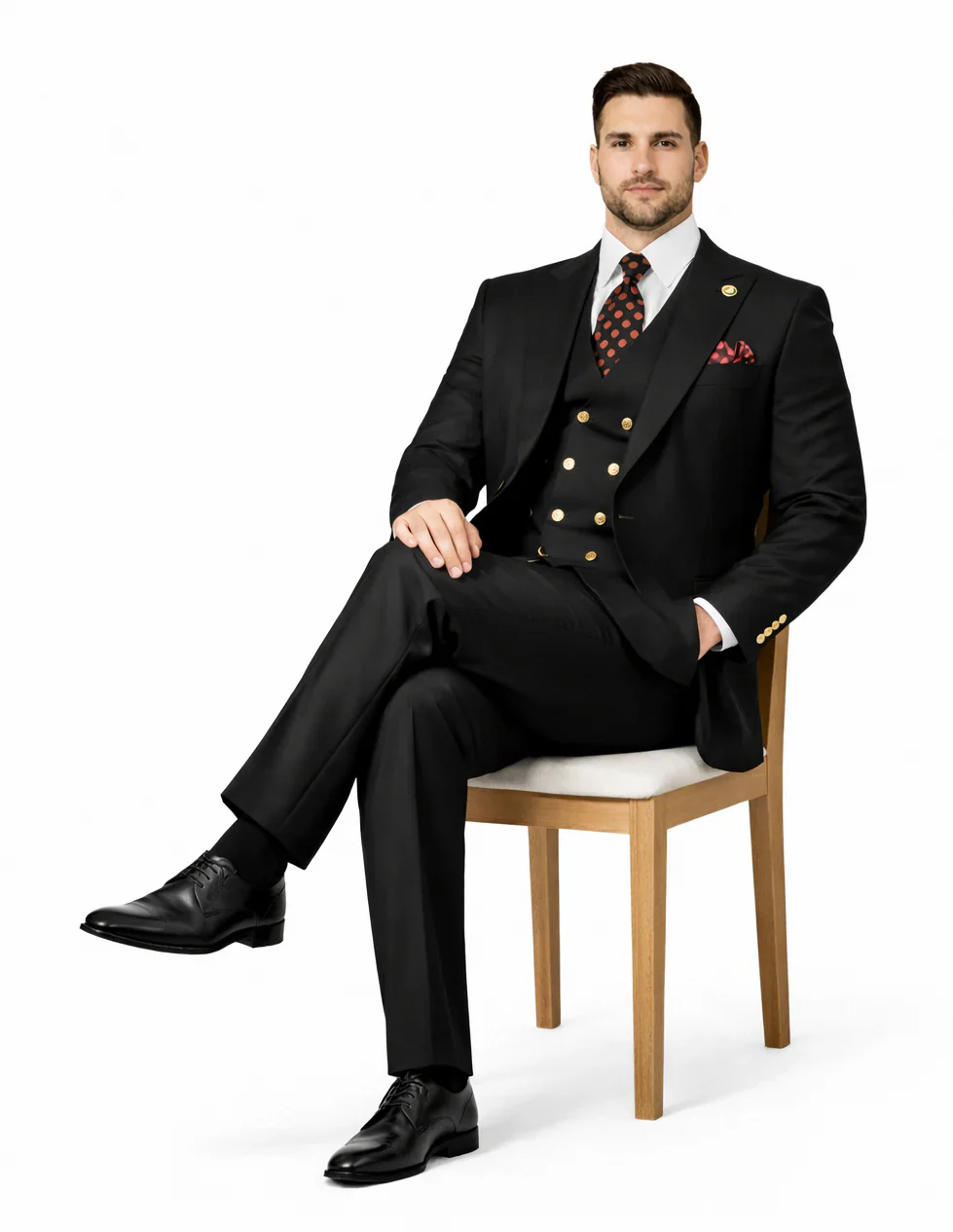 Rossiman Brand Black Suits - 1 Button Suit Peak Lapel Double Breasted Vest - Image 4