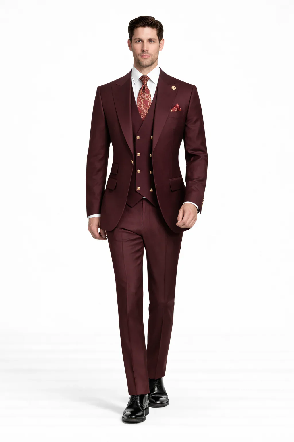 Rossiman Burgundy Suit for Men – Peak Lapel 1-Button Jacket & Double-Breasted Vest - Image 4