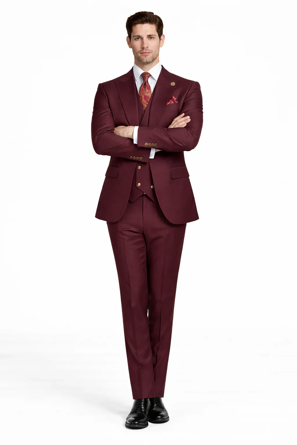 Rossiman Burgundy Suit for Men – Peak Lapel 1-Button Jacket & Double-Breasted Vest - Image 5
