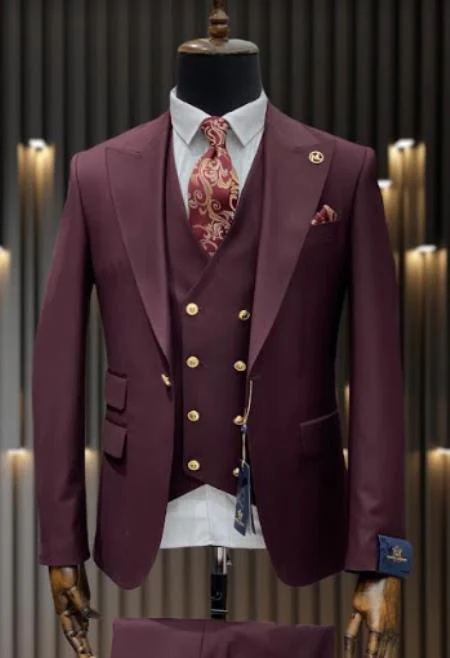 Rossiman Brand Burgundy Suits - 1 Button Suit Peak Lapel Double Breasted Vest - Image 9