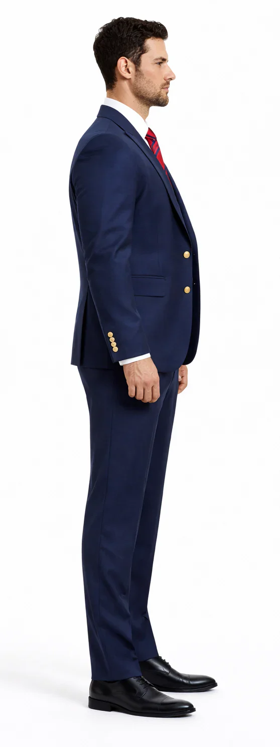 Rossiman Navy Blue Suit for Men – Classic 1-Button Peak Lapel Jacket & Double-Breasted Vest - Image 3