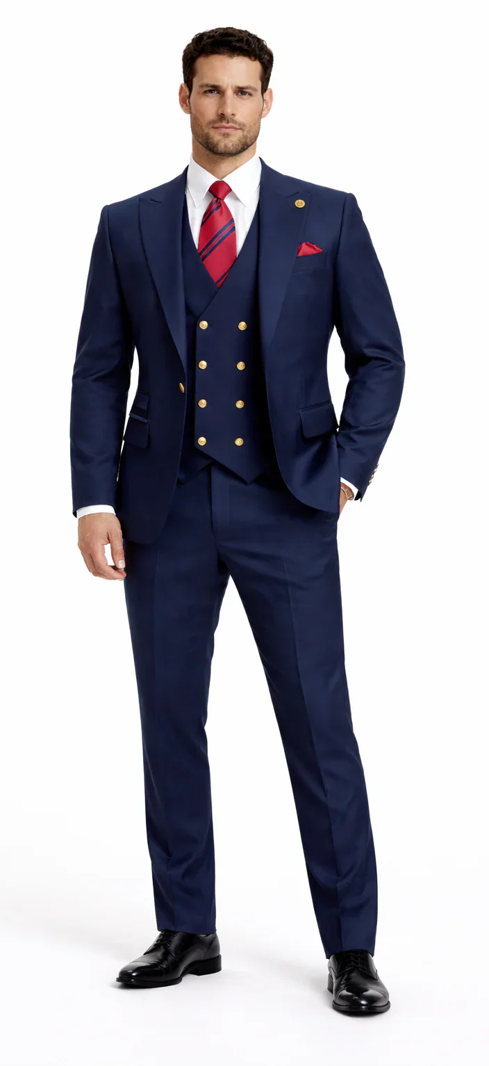 Rossiman Brand Navy Blue Suits - 1 Button Suit Peak Lapel Double Breasted Vest