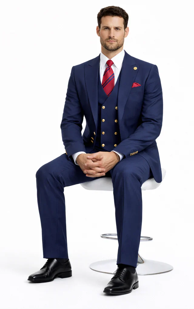 Rossiman Brand Navy Blue Suits - 1 Button Suit Peak Lapel Double Breasted Vest - Image 3