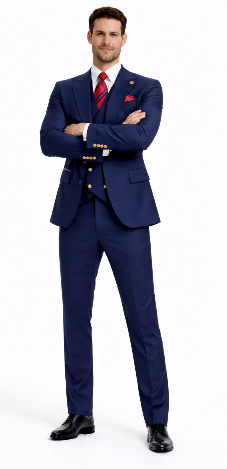 Rossiman Brand Navy Blue Suits - 1 Button Suit Peak Lapel Double Breasted Vest - Image 5