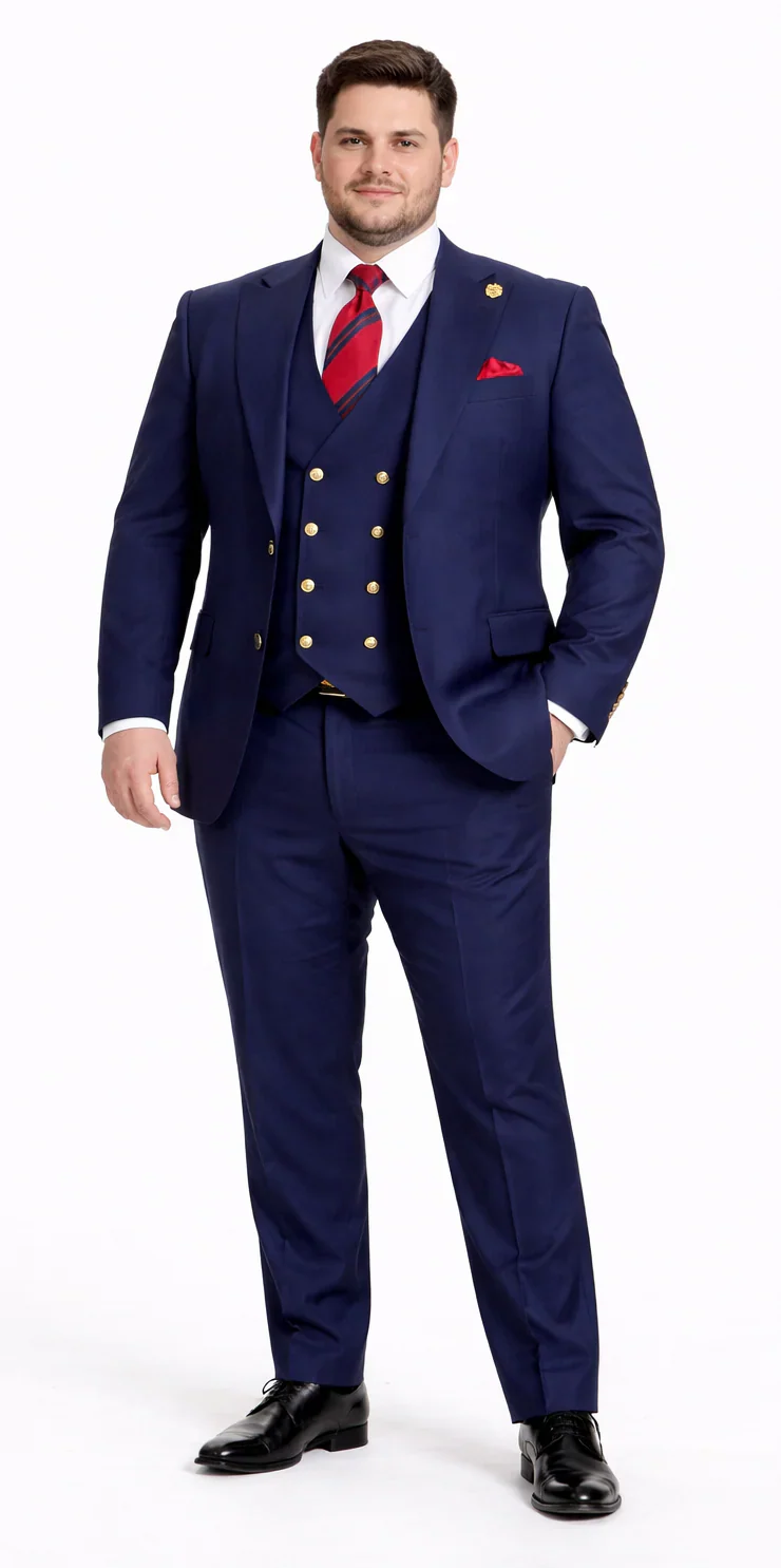 Rossiman Brand Navy Blue Suits - 1 Button Suit Peak Lapel Double Breasted Vest - Image 6