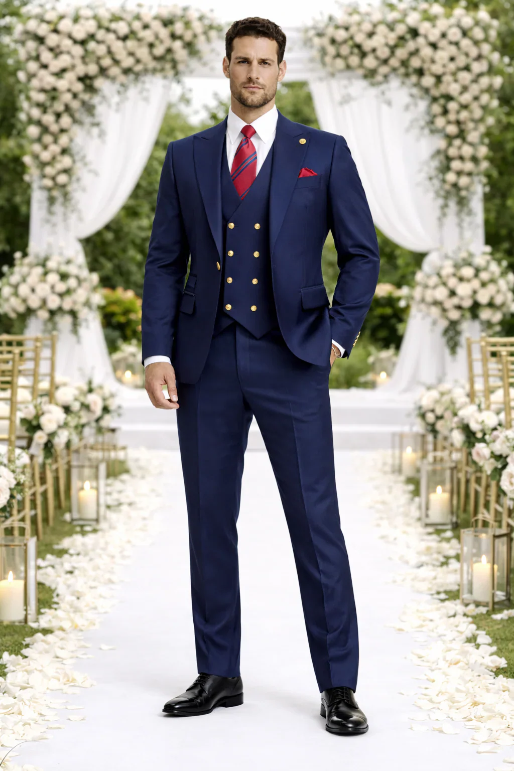 Rossiman Brand Navy Blue Suits - 1 Button Suit Peak Lapel Double Breasted Vest - Image 7