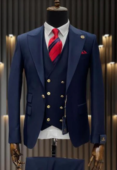 Rossiman Brand Navy Blue Suits - 1 Button Suit Peak Lapel Double Breasted Vest - Image 9